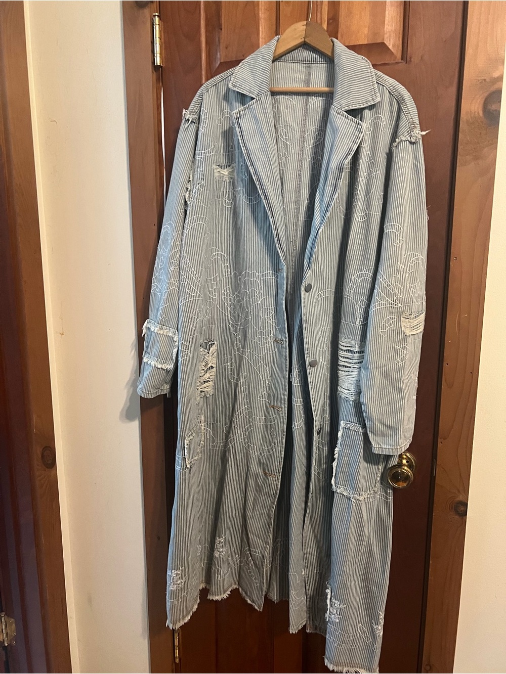 POL Light Blue Striped Trench Coat with White Distressed Detail - Picture 2 of 6